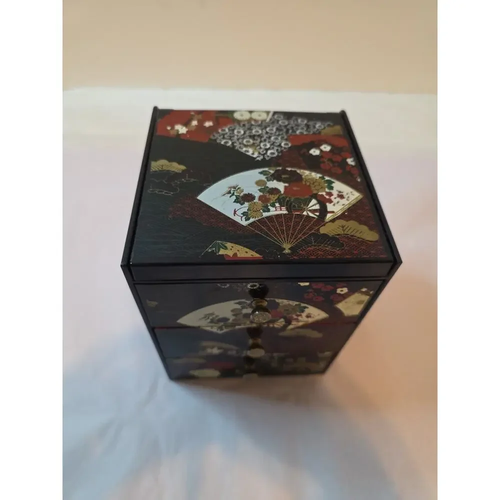 Vtg Otagiri Original Lacquerware Black W Fans Flowers 3 Drawer Jewelry Box
